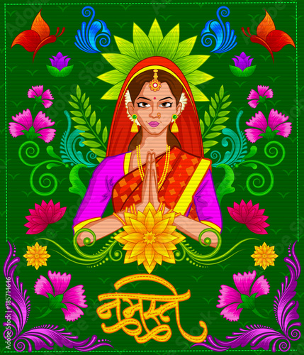 Indian girl welcoming with Indian style background and floral pattern