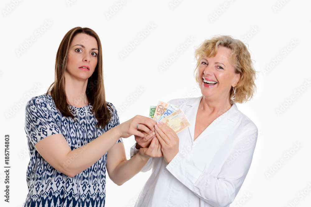 young woman and her mother with money young woman and her mother with money