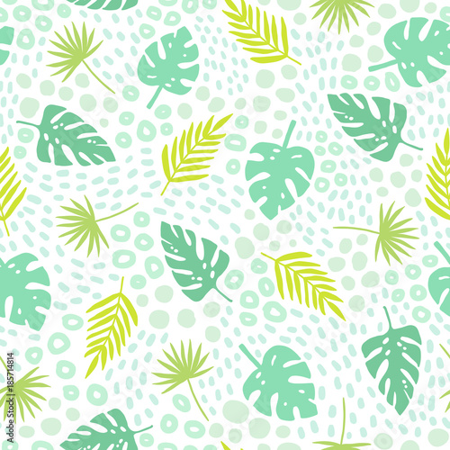 Tropical palm leaves seamless pattern. Cute cartoon style. Vector hand drawn botanic illustration