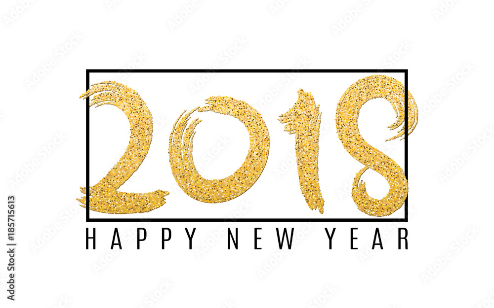 Happy new year 2018. Numbers of golden glitters on a white background. Black frame. Abstract background for your projects. Grunge style. Vector Happy new year 2018. Numbers of golden glitters on a white background. Black frame. Abstract background for your projects. Grunge style. Vector
