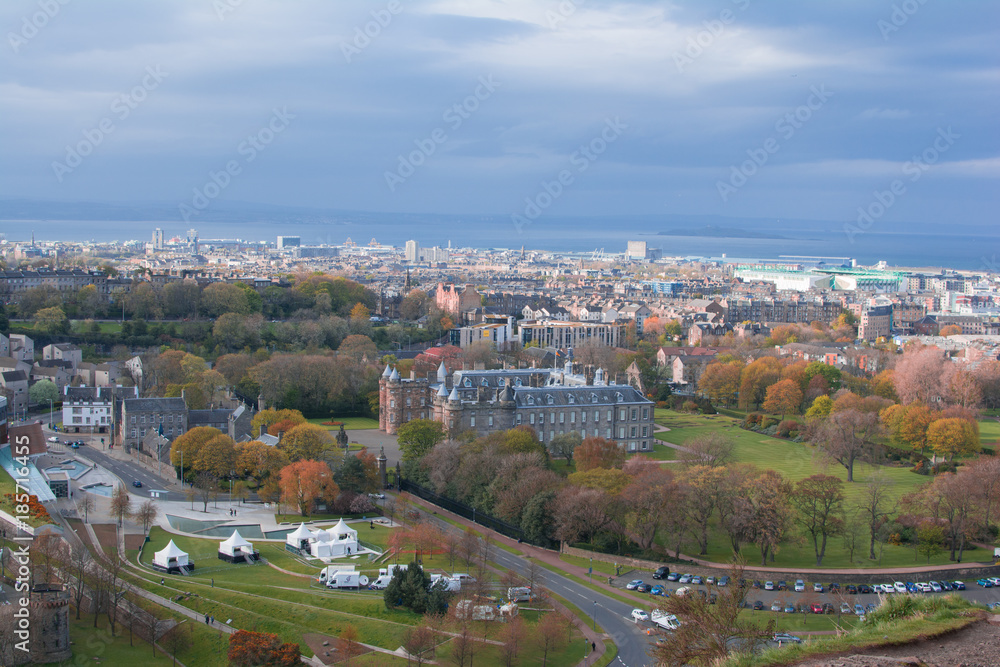 Top view of Edinburgh city inScotland at autumn season with blue sky.