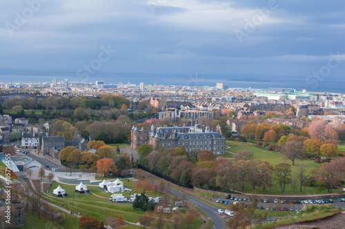 Top view of Edinburgh city inScotland at autumn season with blue sky.