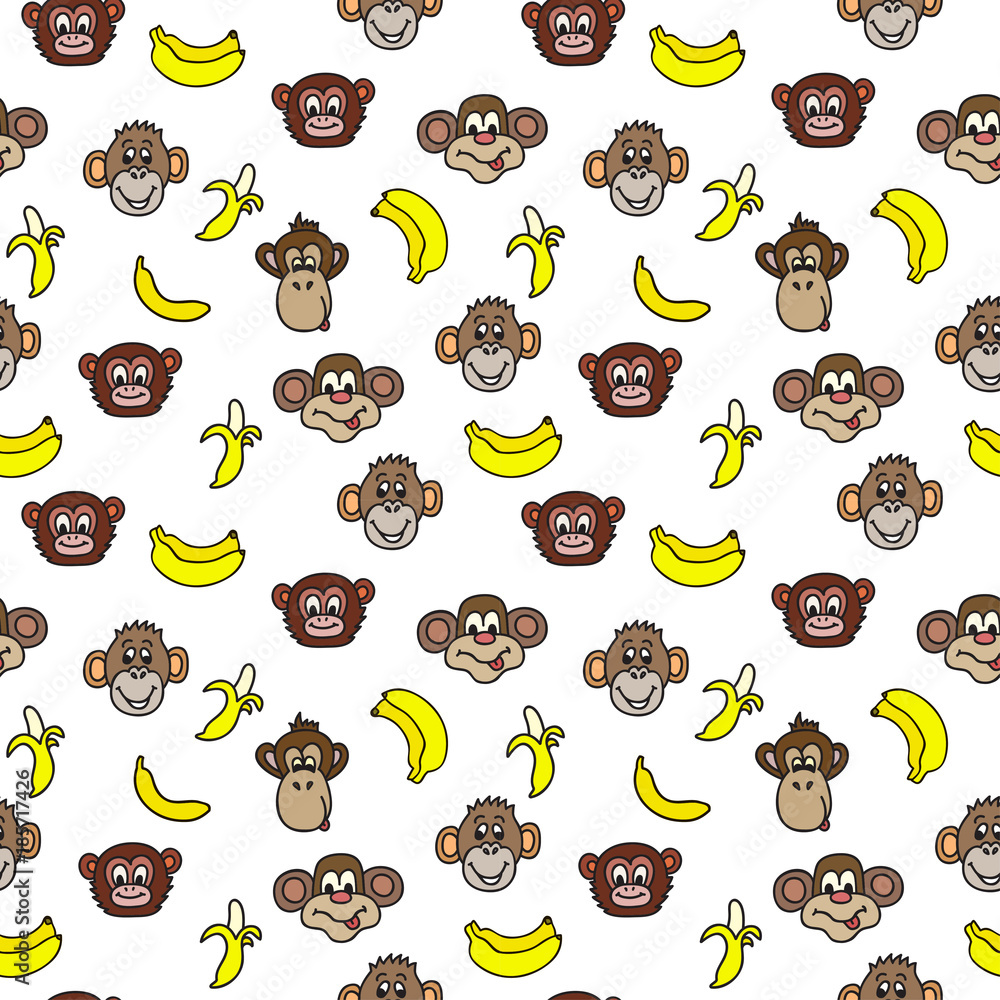 Fototapeta premium Seamless pattern with cute faces of monkeys and bananas.