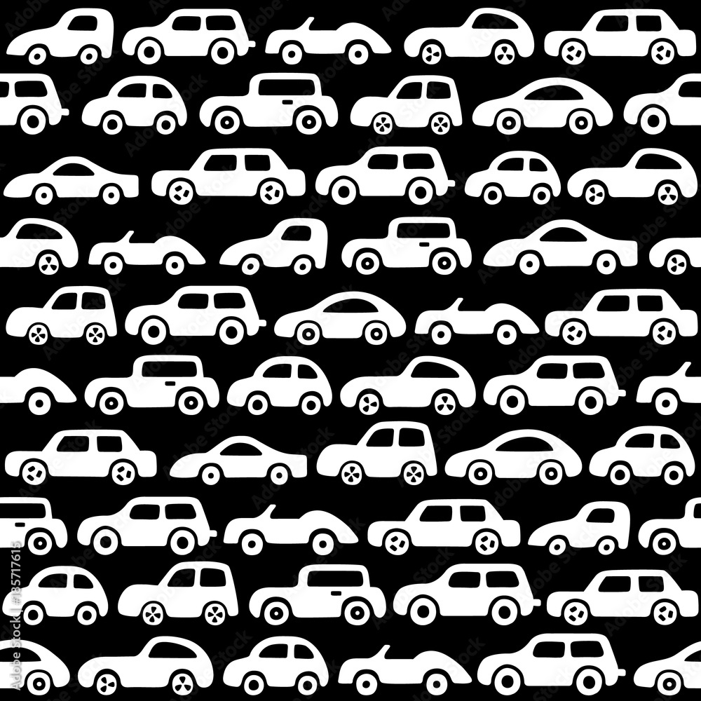 Doodle cars background. Endless texture for wallpaper, fill,  web page background, surface texture.