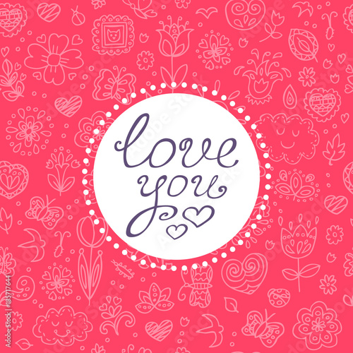 Valentine's day vector card template with lettering and pattern. Beautiful vector design.