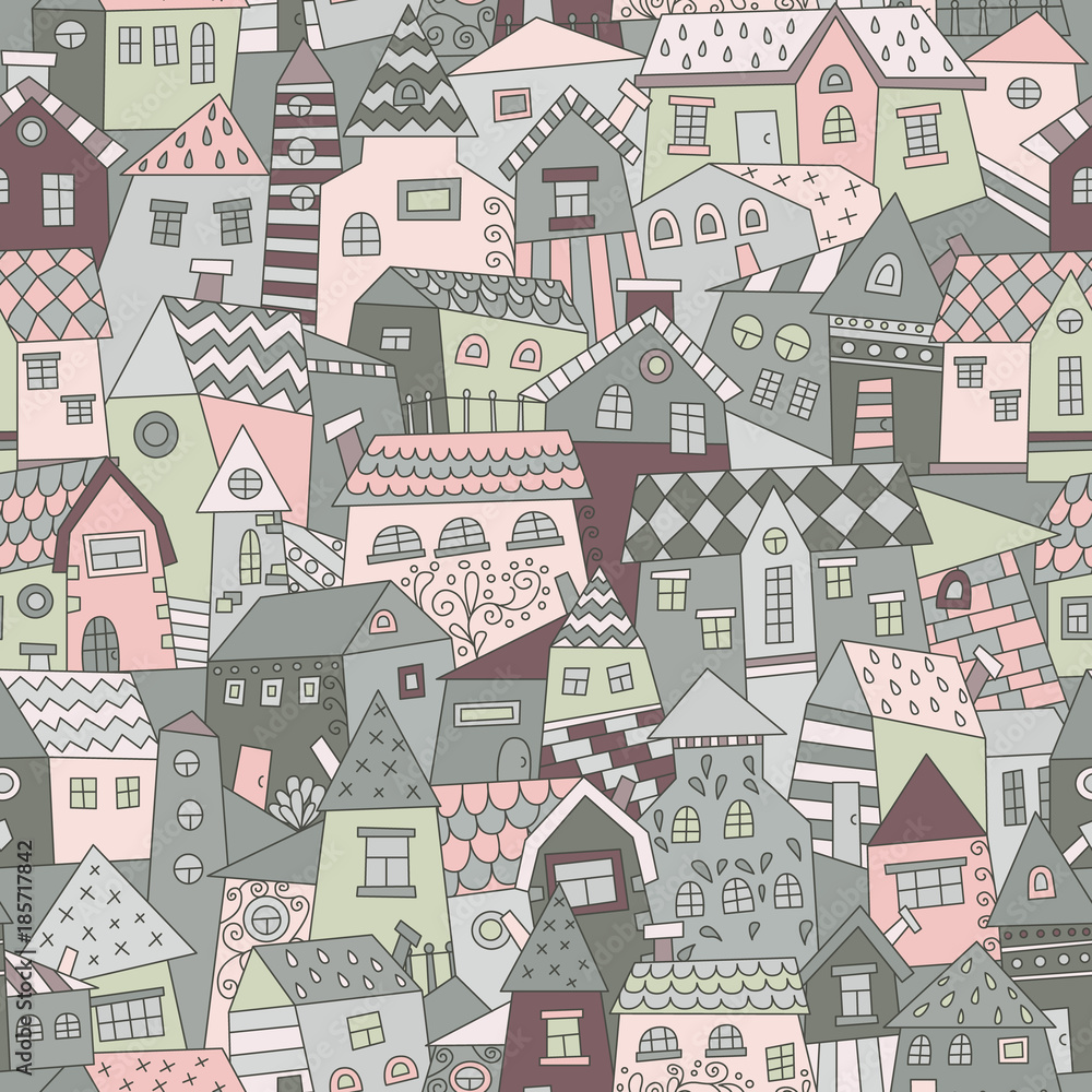 Doodle hand drawn town seamless pattern. Endless texture for wallpaper, fill,  web page background, surface texture.