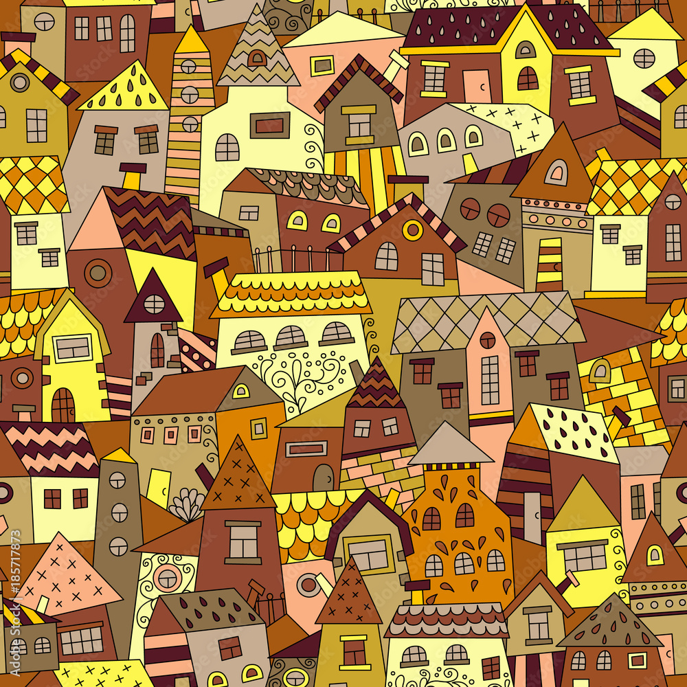 Doodle hand drawn town seamless pattern. Can be used for textile, website background, book cover, packaging.