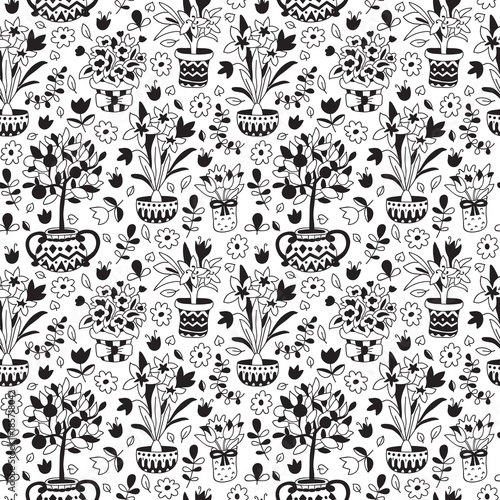 Seamless pattern doodle plants in pots, floral background. Endless texture for wallpaper, fill,  web page background, surface texture.