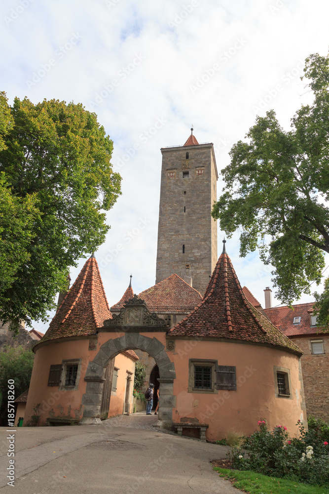 Castle gate and tower in medieval old town Rothenburg ob der Tauber, Germany