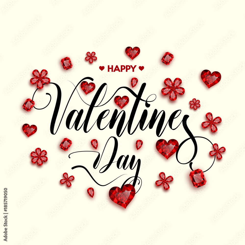 Happy Valentine's Day inscription decorated with red hearts and flowers. Vector illustration.