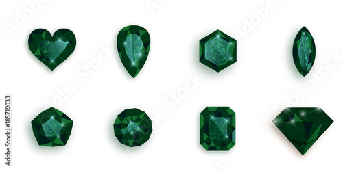 Set of green gemstones. Vector illustration of emeralds.