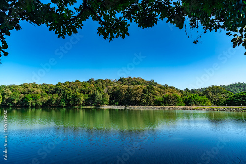 Lake with blue sky background