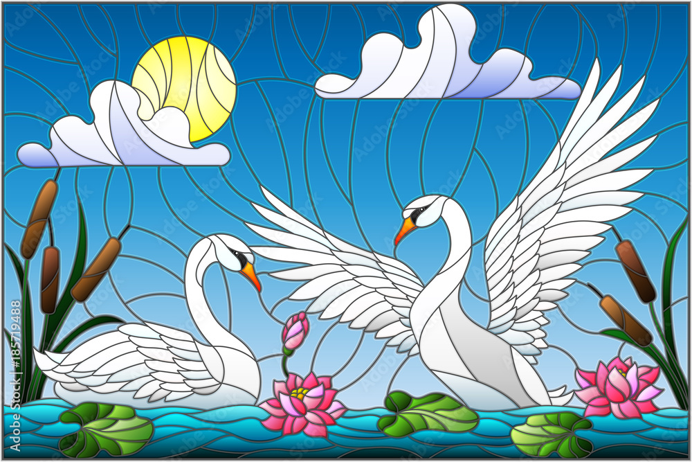 Fototapeta premium Illustration in stained glass style with pair of Swans , Lotus flowers and reeds on a pond in the sun, sky and clouds