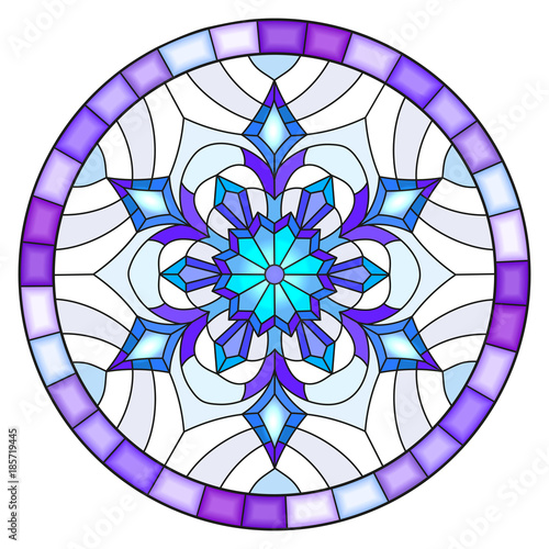 Illustration in stained glass style with snowflake in blue colors in a frame ,round image