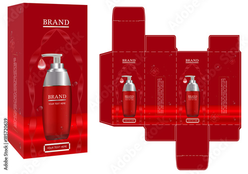 Packaging design, cosmetic container on red background box design template and mockup box. illustration vector.
