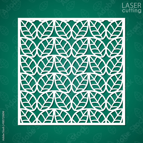Laser cut square ornamental panel with pattern of leaves. Template of wedding invitation or greeting card. Cabinet fretwork screen. Metal design, wood carving.