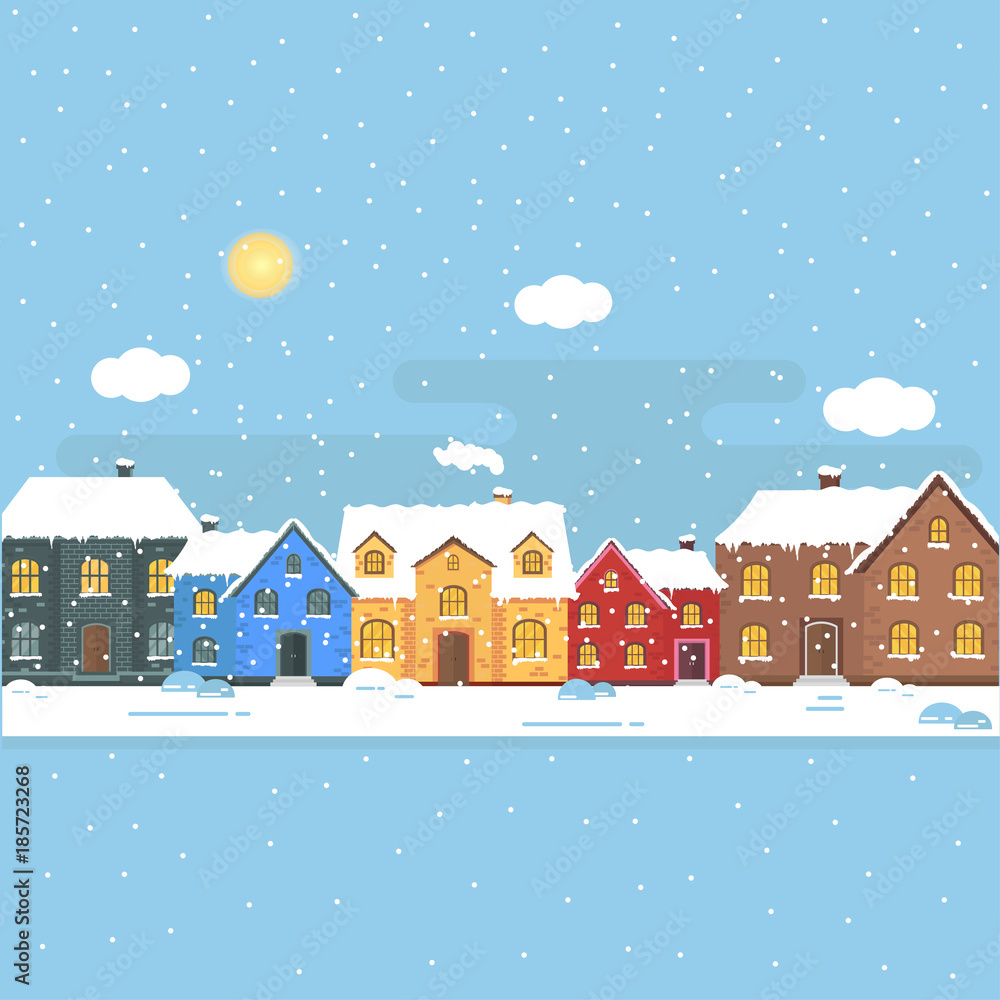 Abstract background with winter home and white snowflakes
