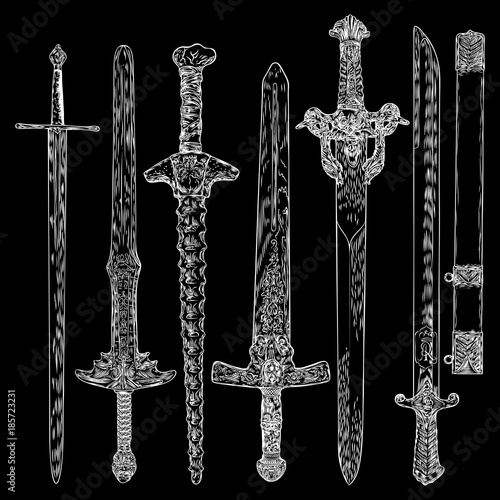 Knife, dagger, sword. Ancient Europe weapon set. Viking sword, knights and fantasy weapons, isolated. Collection of world cold Medieval weapons. Vector.