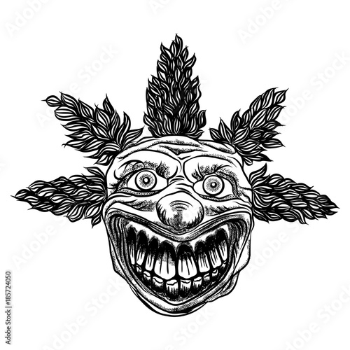 Scary clown head concept of circus horror film character. Laughing angry insane joker head, front face of horror and crazy maniac. Evil smiling character. Blackwork adult flesh tattoo concept. Vector.