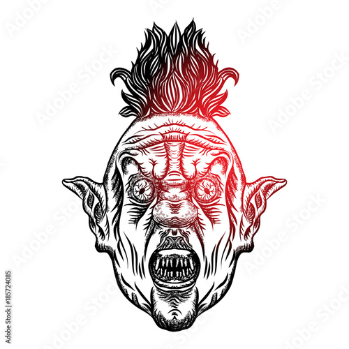 Devil clown head illustration. Nightmare inspired satanic influence clown face with mohawk, dark twist face gesture. Possessed by demon smiling mascot. Blackwork adult flesh tattoo concept. Vector.