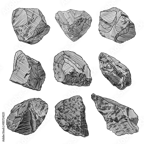 Rock stone hand drawn style. Big set of different boulders. Collection of illustrated cracked and damaged stones rubble architecture design. Gold nugget or prill. Vector.