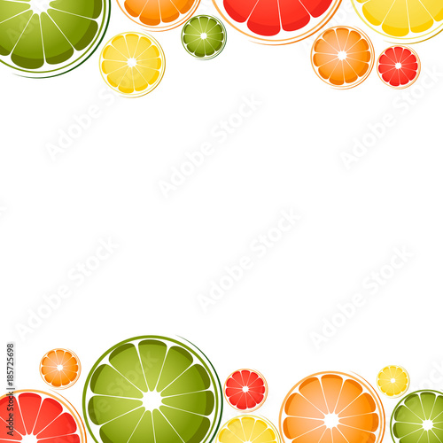 Vector background with different slice citruses (lemon, lime, grapefruit, orange) on a white background. Space for text. Vector illustration