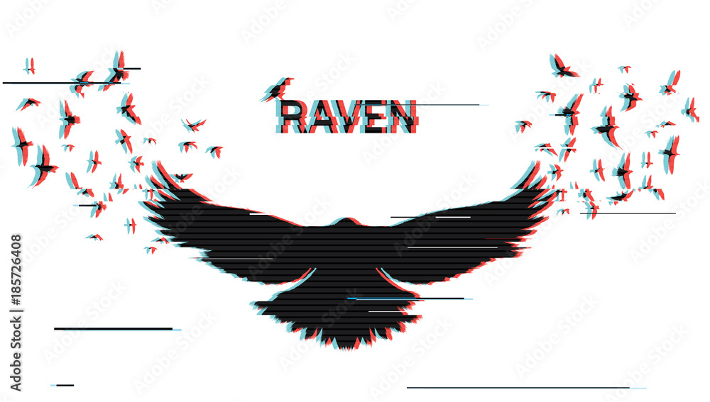 Vector illustration of the white raven silhouette with the fluttering wings on a white background. Glitch error effect.