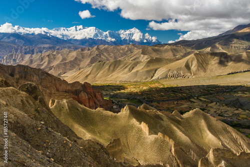 Nepal - Upper Mustang - View on Himalayian mountains en route from Dhakmar to Lo Gekar photo