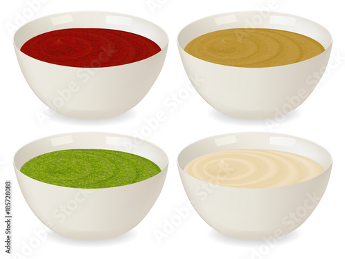 A set of porcelain sauceboat with a variety of sauces: ketchup, mustard, pesto, mayonnaise. On white background in realistic style. Vector illustration.