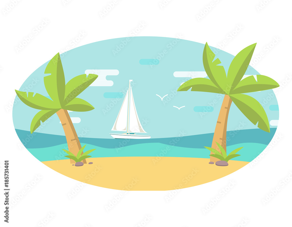 Summer holiday in the tropical resort.The seashore with the beach sandy.Luxury sailing yacht.A tropical landscape paradise with palm trees and seagulls.Flat style a vector.Sea vessel floats on water.