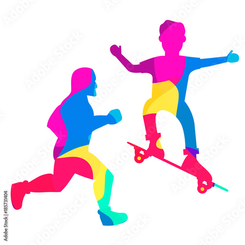 Double exposure. Athlete running sports man .Colorful figure. Skateboarder young man.In flat style a vector. Street sport.