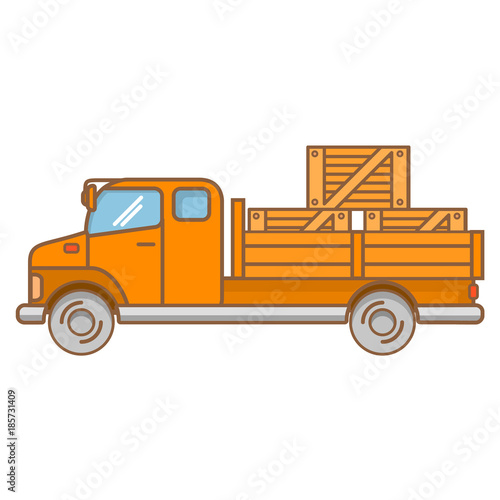 The truck of transport company on cargo delivery. Courier service of delivery.Transportation of loads the car with boxes in a body. In flat a linear art a vector.Postal service.