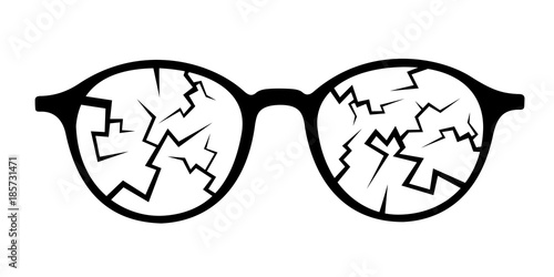 Broken glasses and eyeglasses. Black frame and damaged cracked glass. Vector illustration of flat design