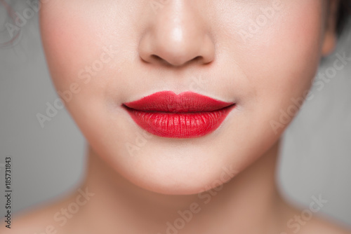 Red Sexy Lips closeup. Make up concept. Beautiful Perfect Lips.