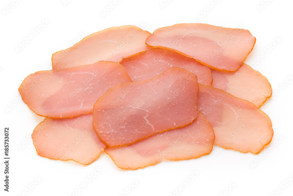 Sliced boiled ham sausage isolated on white background, top view.