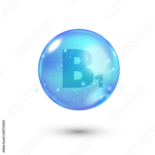 Shiny colored bowl with letter, vitamin, blue capsule. Blue bubble