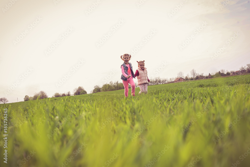 Little sisters walking trough field. On the move. Little sisters walking trough field. On the move.