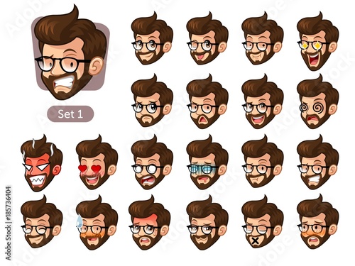 The first set of bearded hipster facial emotions cartoon character design with glasses and different expressions, pleased, rage, in love, ill, silent, grumpy, irritated, shy, worried, etc. vector.