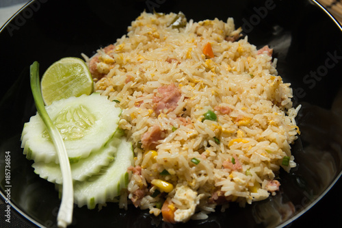Pork fried rice with cucumber and onion