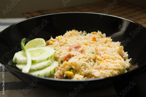 Pork fried rice with cucumber and onion