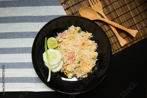 Pork fried rice with cucumber and onion