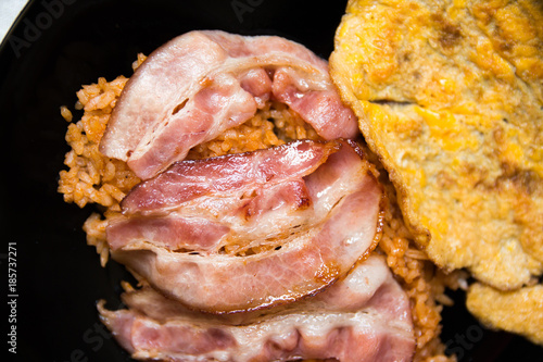 Breakfast, Fried rice with omelet and bacon