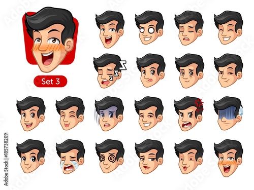 The third set of male facial emotions cartoon character design with black hair and different expressions, cry, sleep, pissed of, embarassed, fear, triumph, confused, fear, etc. vector illustration.