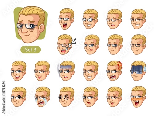 The third set of male facial emotions cartoon character design with blonde hair and different expressions, cry, sleep, pissed of, embarassed, fear, triumph, confused, fear, etc. vector illustration.