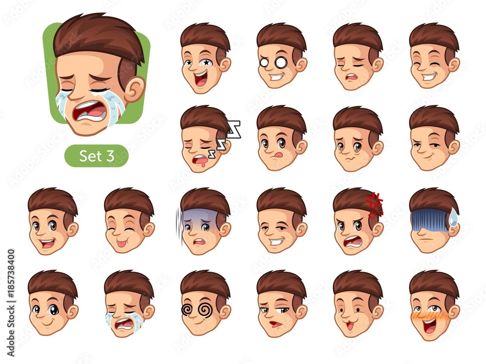 The third set of male facial emotions cartoon character design with red hair and different expressions, cry, sleep, pissed of, embarassed, fear, triumph, confused, fear, etc. vector illustration. The third set of male facial emotions cartoon character design with red hair and different expressions, cry, sleep, pissed of, embarassed, fear, triumph, confused, fear, etc. vector illustration.