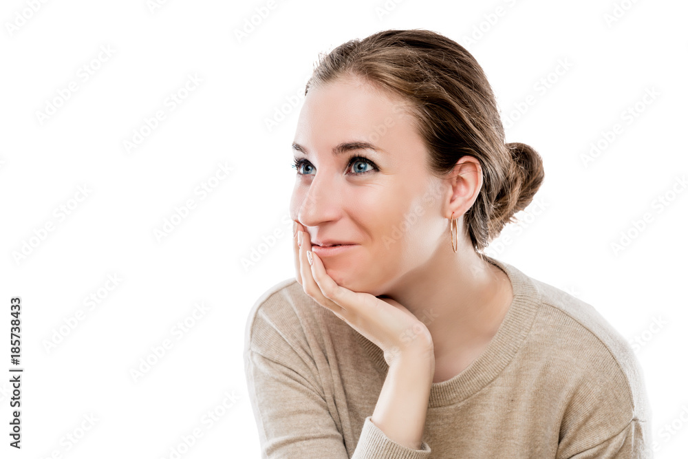 portrait of a young beautiful girl on a white background in studio isolated