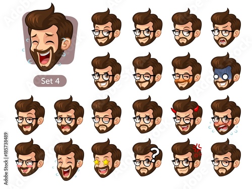 The fourth set of bearded hipster facial emotions cartoon character design with glasses and different expressions, happy, bored, scary, funny, uptight, disgust, amaze, silly, mad, etc. vector design.