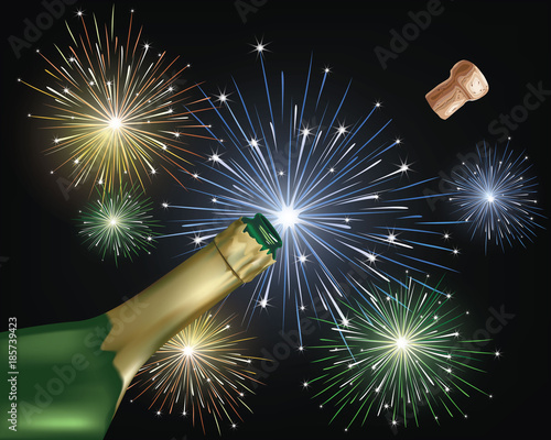 Vector Illustration - Close-up of champagne explosion and fireworks