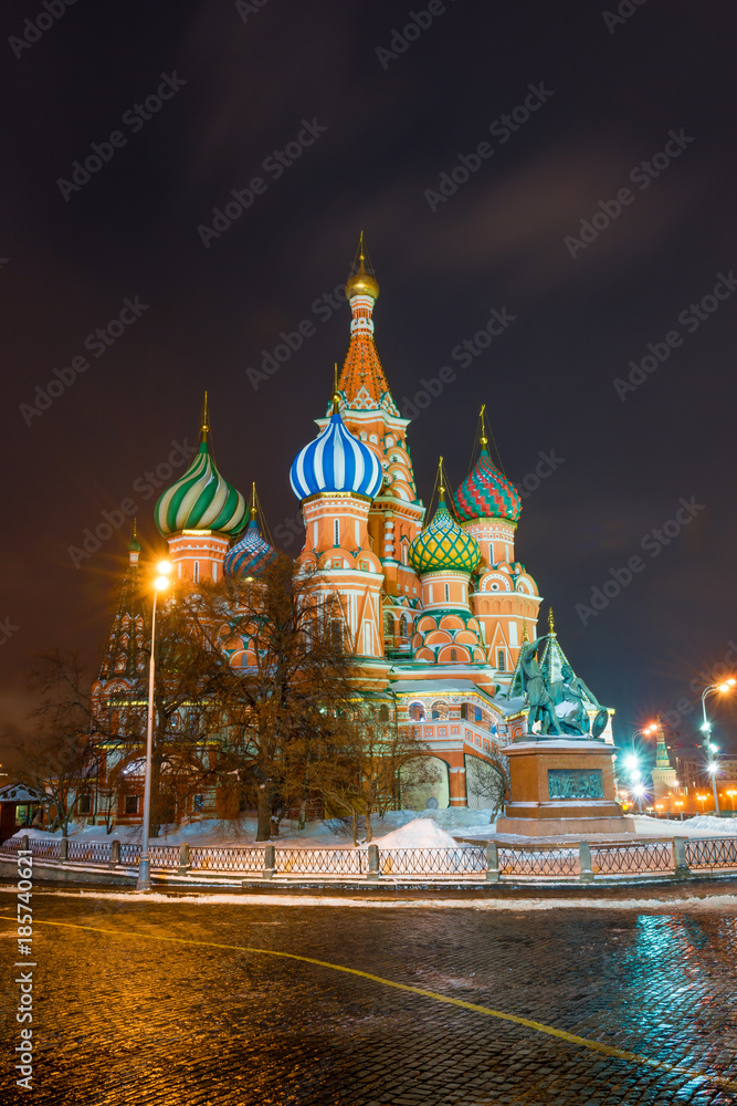 Night view of the beautiful St. Basil's Cathedral on Red Square in Moscow, Russia