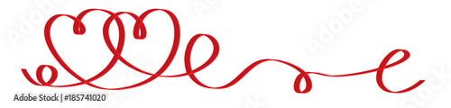 Calligraphy Red Heart Ribbon. Connected Red Calligraphy Hearts Ribbon Banner. Herzförmiges Geschenkband. Herzförmiges rotes Geschenkband.